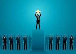 Businessman holding up a star on stage, leadership, top performer concept