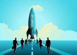 Business concept illustration of group of businessman walking towards a rocket, start up business concept