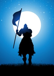 Silhouette illustration of a knight bearing a flag at night during full moon