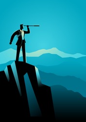 Business concept illustration of businessman using telescope on top of the mountain