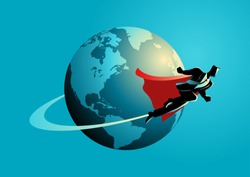 Business concept illustration of a super businessman flying around the world, going global, go international concept