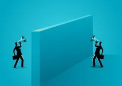 Business concept illustration of two businessmen shouting each other with megaphone separated by wall
