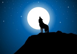 Stock vector of a wolf howling at the full moon