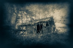 Abandoned cabin with creepy duaflex camera effect and scratches 