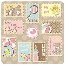 Baby girl announcement card - collection of postal stamps