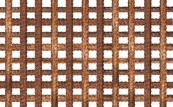 Metal ribbed rods in the form of a lattice for construction with traces of rust on a white background
