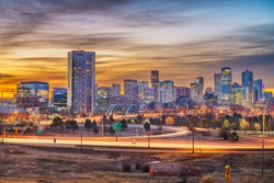 Denver, Colorado, USA downtown city skyline at dawn. 