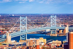 Benjamin Franklin Bridge Spanning the Delaware RIver from Philadelphia to Camden, New Jersey.