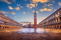 Venice, Italy at St. Mark's Square with the Basilica and Bell Tower at twilight.