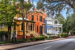 Savannah, Georgia, USA downtown historic views along Whitaker Street.