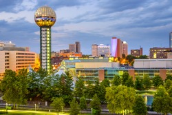 Knoxville, Tennessee, USA city skyline at World's fair Park.