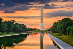 Washington Monument on the Reflecting Pool in Washington, DC.