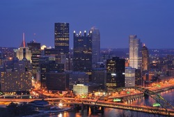 The skyline of Downtown Pittsburgh, Pennsylvania at twilight.