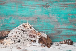 Summer, sun, beach and sea in Turquoise - wood background. Maritime decoration.