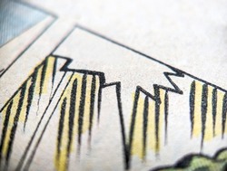 Closeup photo of a vintage comic book page with an empty speech bubble and colorful dot print pattern on old paper background