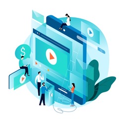 Modern isometric concept for video marketing campaign, video ad, digital content, promotion, online advertisement vector illustration. Digital video message, online tutorial for mobile and web graphic
