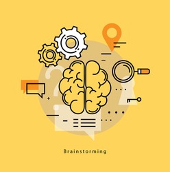 Brainstorming and analysis flat line business vector illustration design banner. Creative thinking, education, research, business idea concept. Design for learning, problem solving, trainings, courses