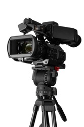 Professional video camera set on a tripod  (with excellent clipping path).