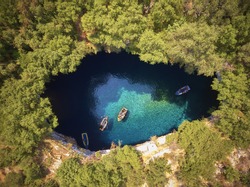 On top of Melissani Cave ( Melissani Lake) near Sami village in Kefalonia island , Greece