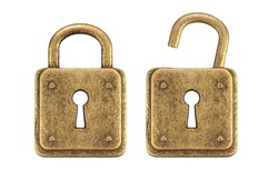 Old, vintage padlocks ( locked and unlocked  ) isolated on white background