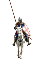 Armoured knight on white warhorse isolated on white