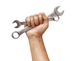 Man's hand holds a spanners isolated on white background. Close up. High resolution product