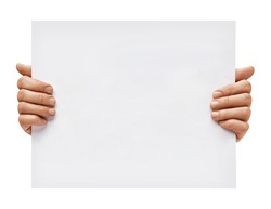 Copy space for your text. Man's hands holding empty board isolated on white background. Close up. High resolution
