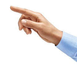 Man's hand in a shirt touching or pointing to something isolated on white background. Close up. High resolution product