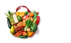 Shopping bag made from different fruits and vegetables. Top view.