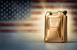 Golden can of gasoline against the background of the flag of the United States of America