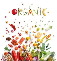 Organic food choice / healthy food symbol represented  by foods explosion to show the health concept of eating well with fruits and vegetables