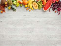 Healthy food background. Studio photo of different fruits on white wooden table. High resolution product.