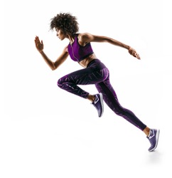Young african girl running in silhouette on white background. Dynamic movement. Side view