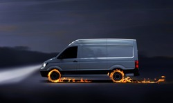 Fast delivery van with flames, concept for a fast delivery