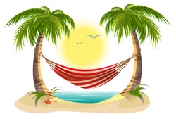 Beach vacation. Hammock between palm trees. Cartoon illustration in vector format