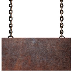 Rusty metal plate and chain on white background
