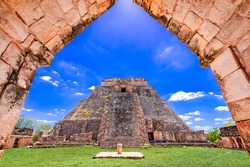Uxmal, Pyramid of the Magician, pre-Hispanic ancient Maya city of the classical period in Mexico.