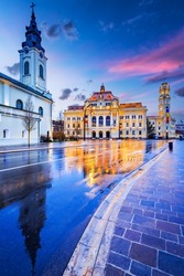 Oradea, Romania. Cloudy rainy day touristic destination Art Nouveau city in historic Crisana - Transylvania, Eastern Europe