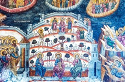 Cozia, Romania. Fresco of Cozia Monastery, heritage of  medieval Wallachia, Olt River.