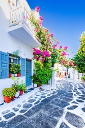 Mykonos Island, Greece - Mykonos old town with whitewashed houses and cobbled streets, famous Greek Cyclades