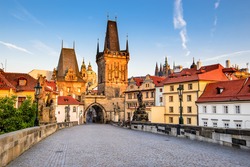Prague, Czech Republic. Charles Bridge with its statuette, Lesser Town Bridge Tower and the tower of the Judith Bridge.