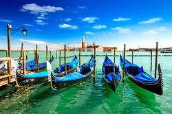 Venice Italy. Gondolas in Grang Canal, San Marco Square with San Giorgio di Maggiore church in the background.