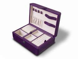 purple open leather jewelry box on white background