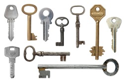 Keys from door locks on a white background.
