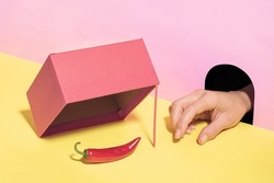 The hand from the burrow wants to steal the chili pepper from the trap. Pastel surreal concept.