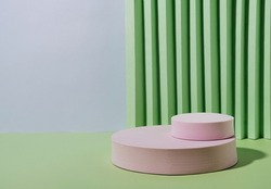 Pink Minimal Geometric Disc Podium Stand for Product Demonstration On Green Corrugated Trend Texture Background