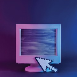 Retro computer monitor with glitch and pixel arrow mouse cursor on neon purple background
