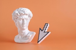Sculpture head and bust of Michelangelo's David along with modern internet and web technologies pixel pointer mouse cursor. Minimal vaporwave pop concept.