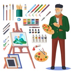 Art frenchman or artist man, painter with beret and scarf. Easel and picture, paintbrush and paint, ink pen and acrylic brush, frames, colorful paint, oil and gouache. Artistic tools or equipment