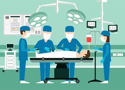 Vector medical concept Surgeons in operation theater. Room with people, scalpel and screen disease and pulse patient, assistant doctor illustration. Team doctors in the operating room with the patient